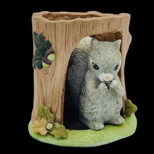 Vintage Franklin Porcelain Squirrel in Tree Stump Woodland Surprises Series 1984